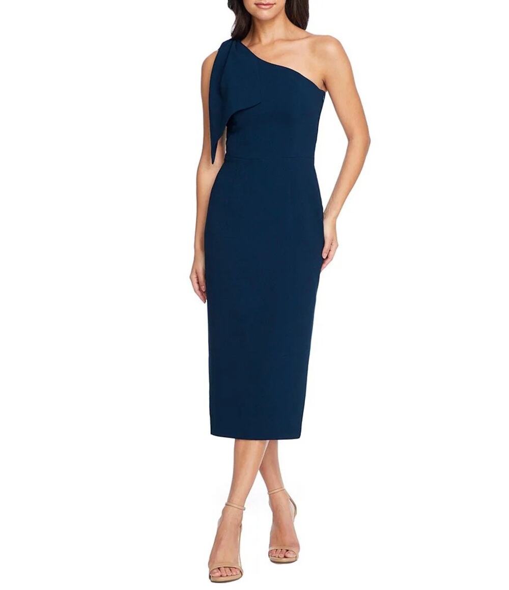 Dress the Population Teal Blue Tiffany One Shoulder Bow Sheath Dress Large
